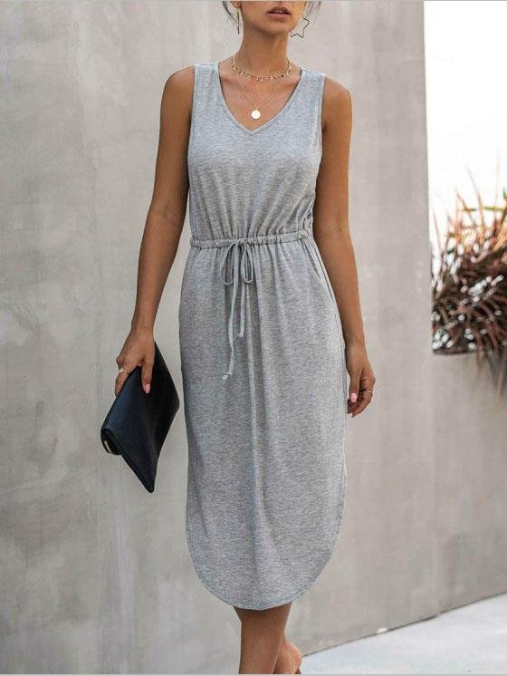 V neck Solid Color Irregular Waist Round Neck Vest Dress