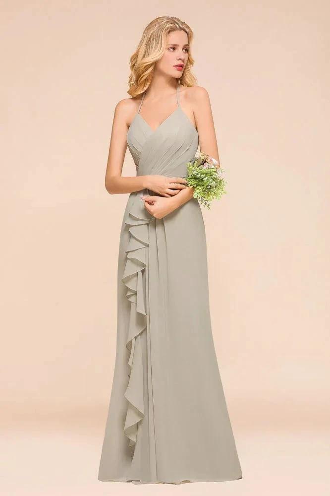 V-Neck Spaghetti Floor Length Folds Bridesmaid Dress (ZD12973)