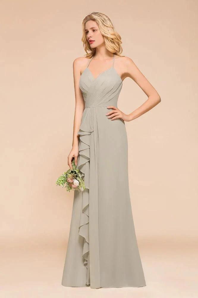 V-Neck Spaghetti Floor Length Folds Bridesmaid Dress (ZD12973)