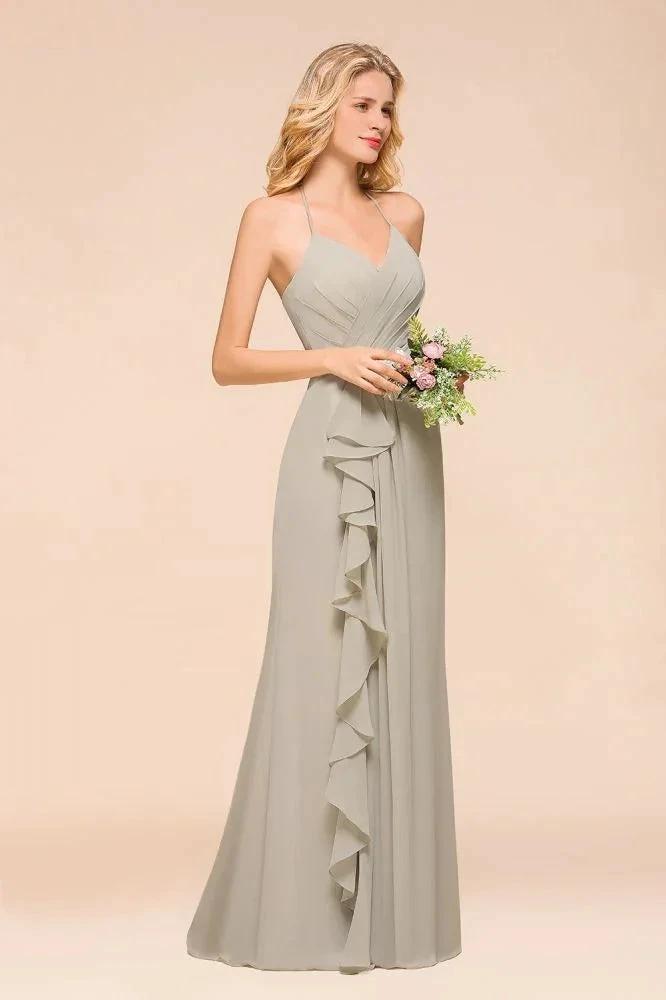 V-Neck Spaghetti Floor Length Folds Bridesmaid Dress (ZD12973)