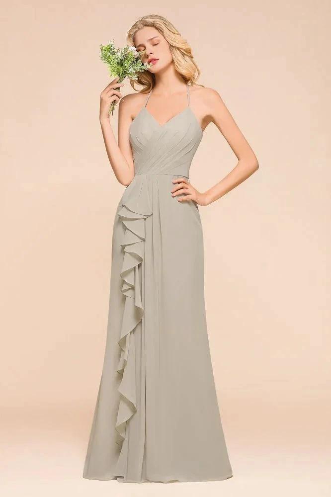 V-Neck Spaghetti Floor Length Folds Bridesmaid Dress by misshow.com