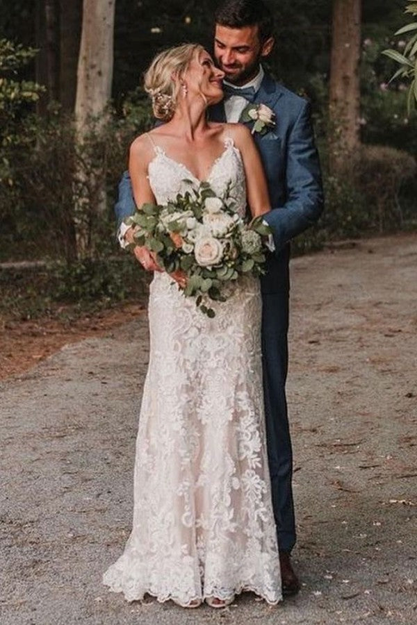 V-Neck Spaghetti-Straps Wedding Dress Lace Bridal Gowns (ZD17521)