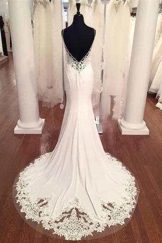 V-Neck Vintage Lace Mermaid Backless  Beach Wedding Dress (ZD16036)