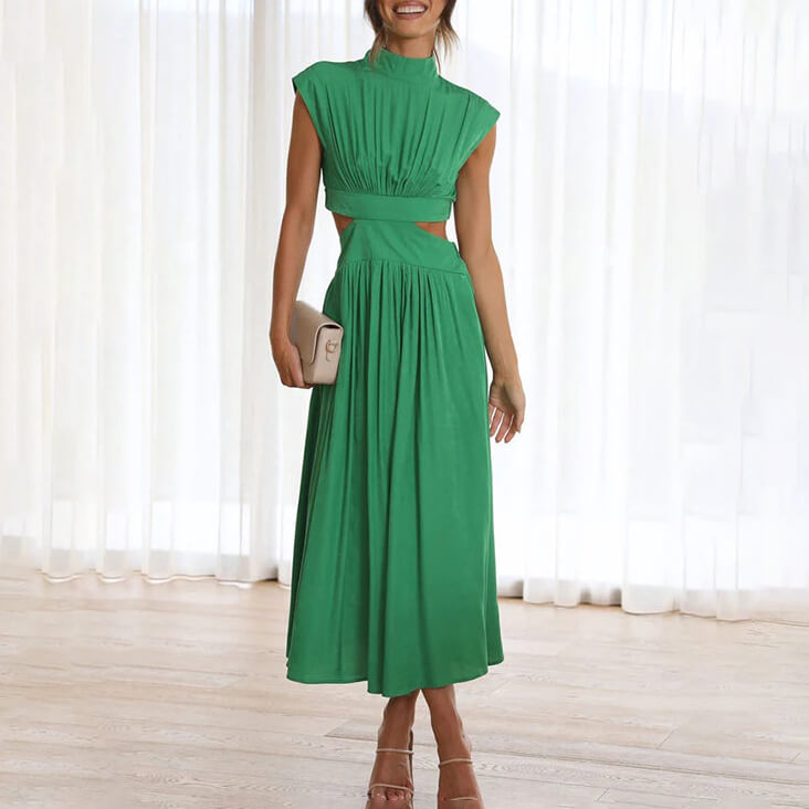 Paula Minimalist High Neck Pleated Dress Designer Edit