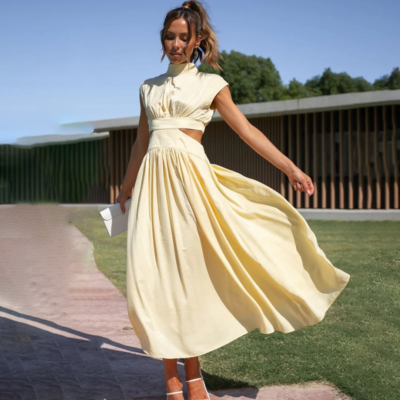 Paula Minimalist High Neck Pleated Dress Designer Edit