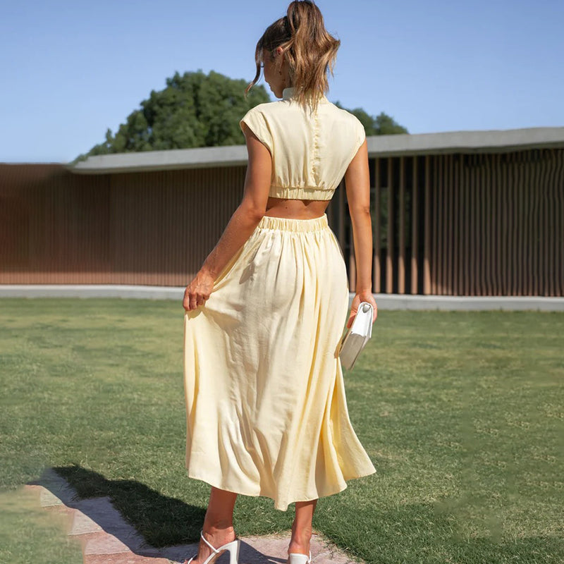 Paula Minimalist High Neck Pleated Dress Designer Edit