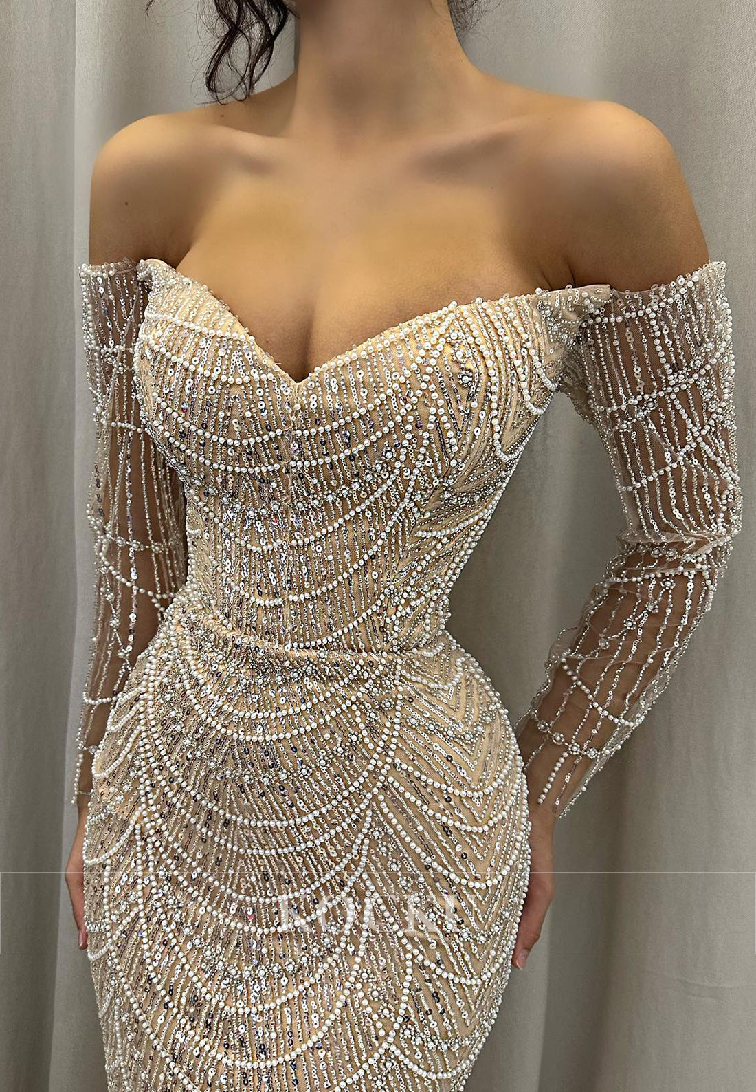 Stunning Long Sleeves Sweetheart Mermaid Beaded Sequin Party Prom Dress with Train