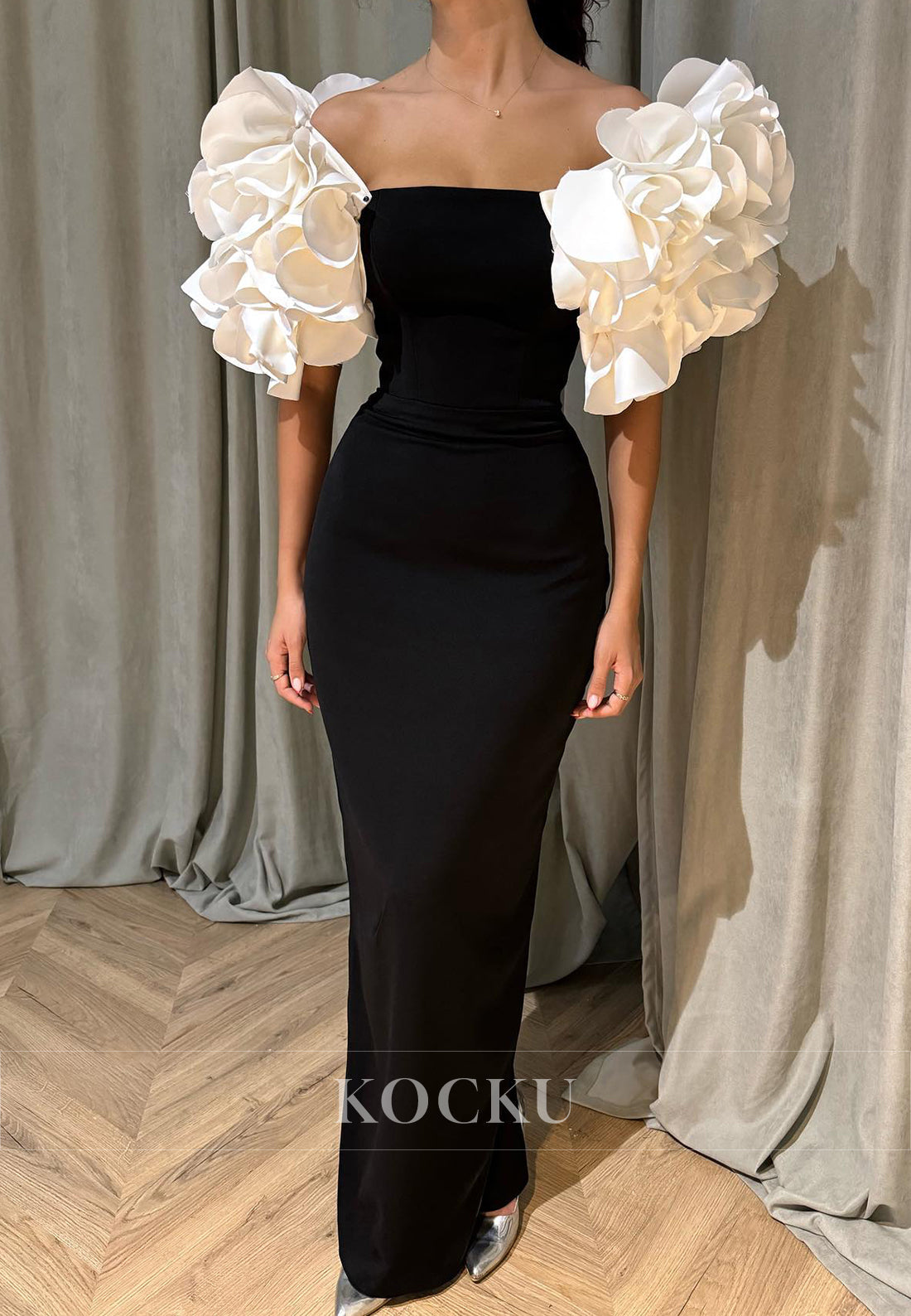 Simple Off-Shoulder Sleeveless Empire Waist Long Satin Party Prom Dress with Floral
