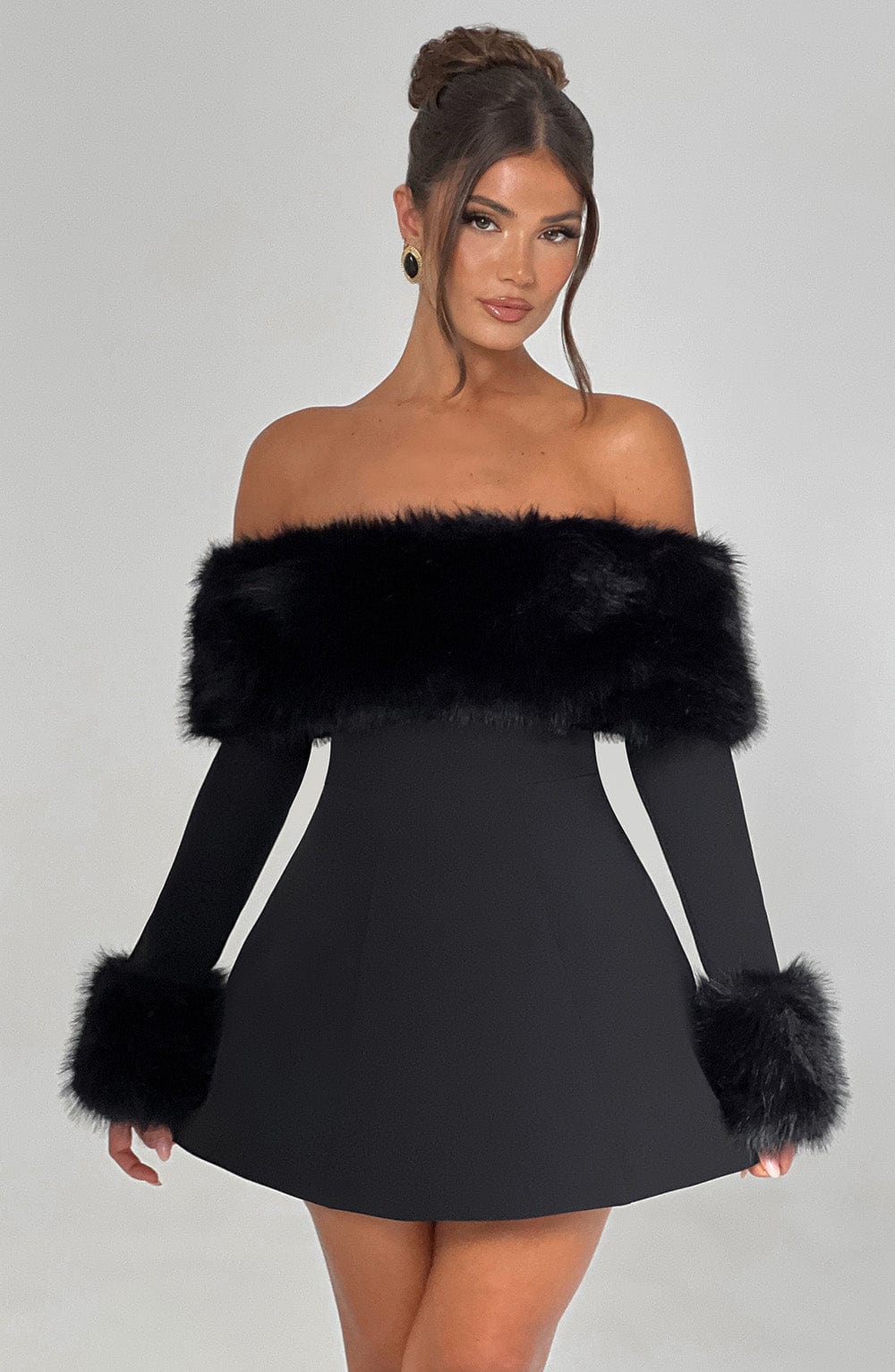 Rory Off Shoulder Fur Sleeve Mini Dress