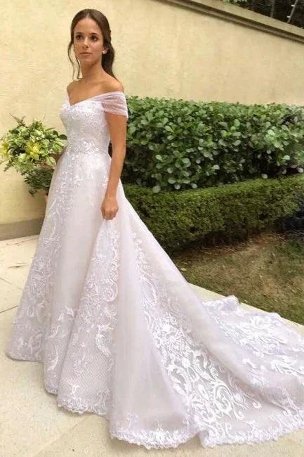 Vintage A-Line Off-the-shoulder Sweep Trian Wedding Dress With Lace (ZD14600)