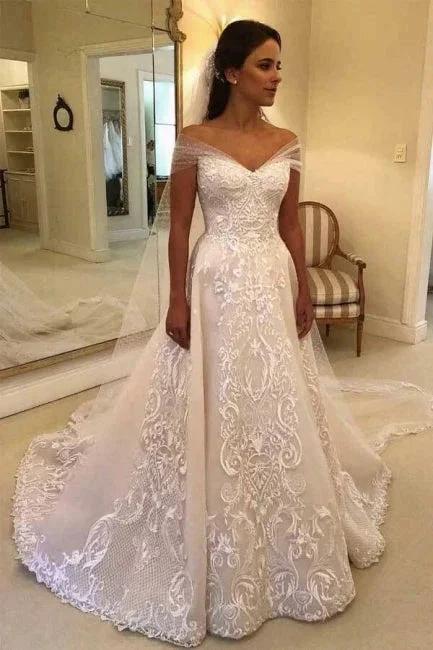 Vintage A-Line Off-the-shoulder Sweep Trian Wedding Dress With Lace (ZD14600)