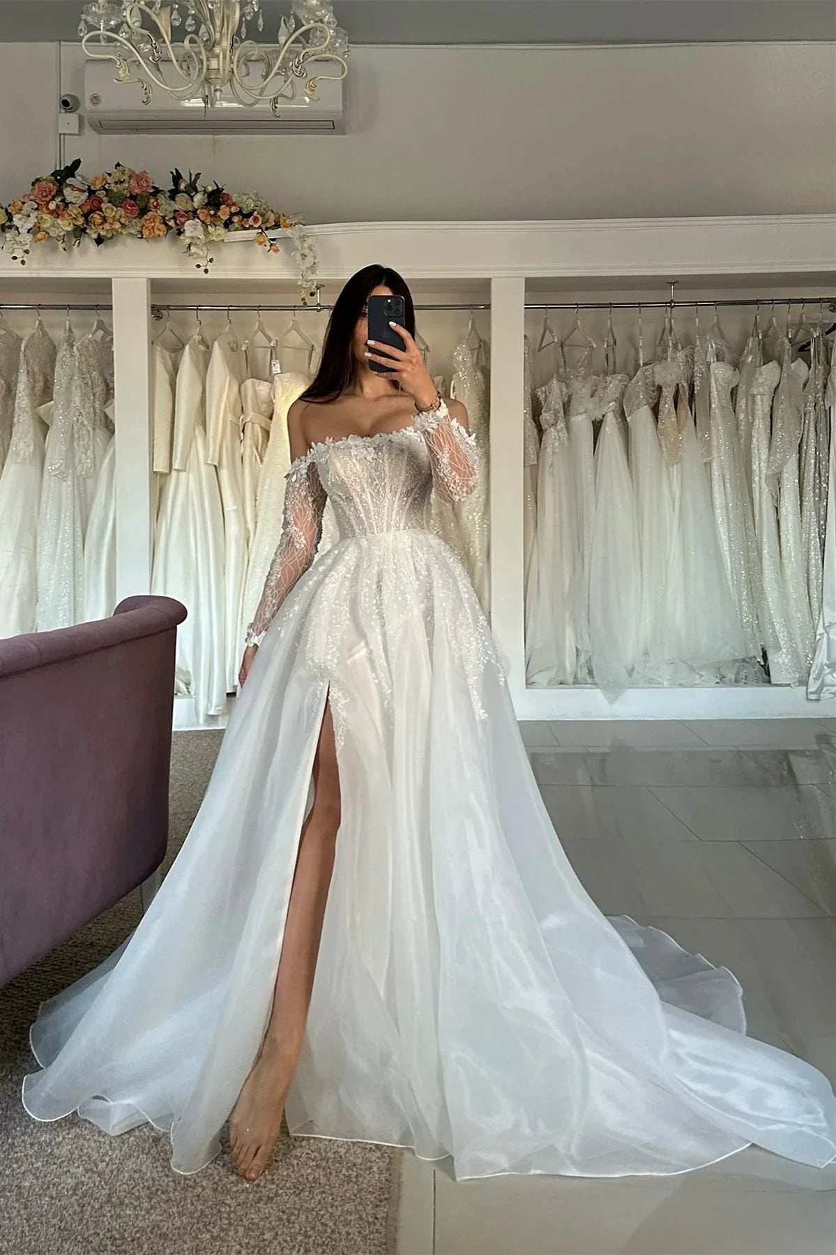 Vintage A-Line Tulle Lace Strapless Long Sleeve White Wedding Dresses With Split Front (ZD15542)