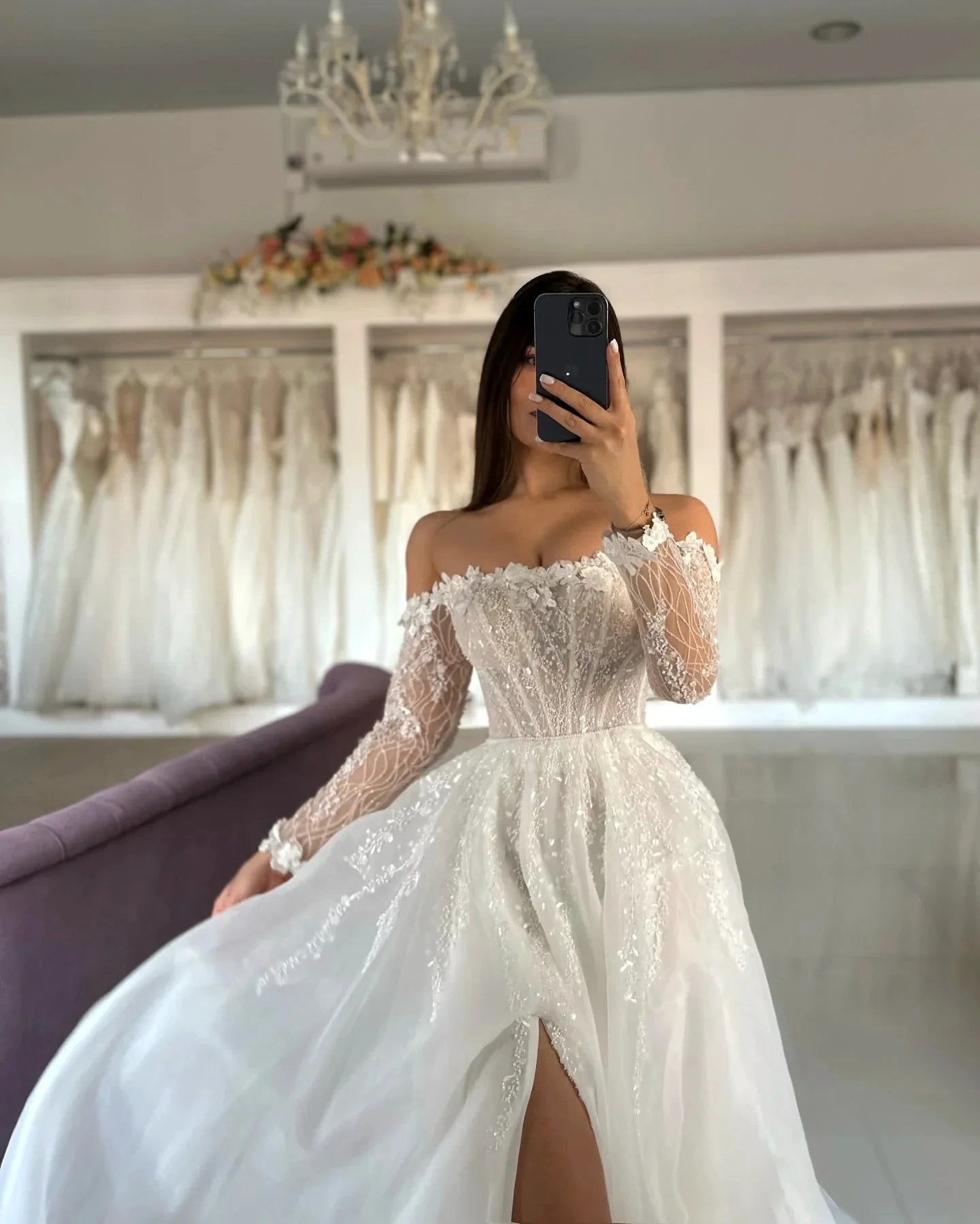 Vintage A-Line Tulle Lace Strapless Long Sleeve White Wedding Dresses With Split Front (ZD15542)