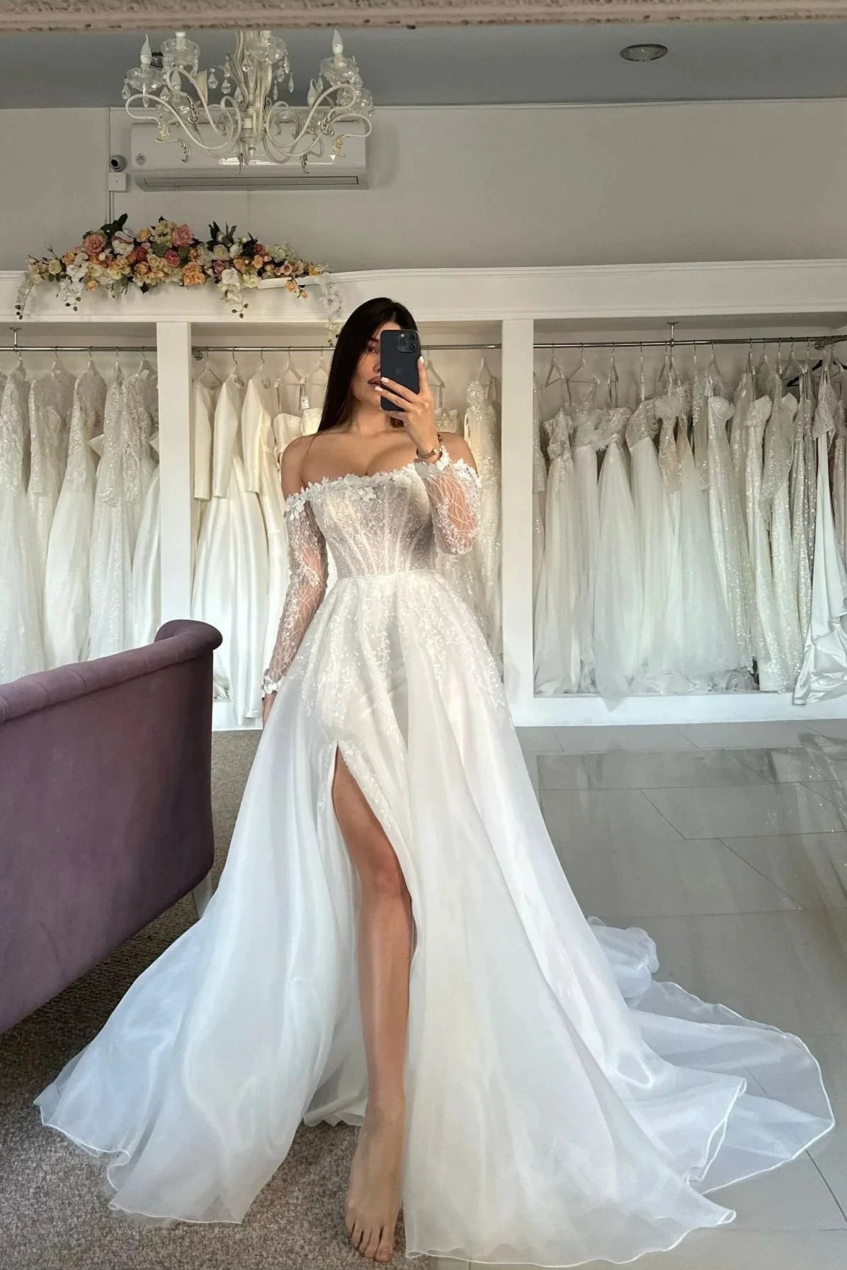 Vintage A-Line Tulle Lace Strapless Long Sleeve White Wedding Dresses With Split Front (ZD15542)