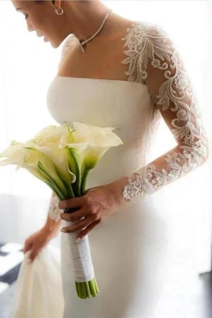 Vintage Column Satin Lace Long Sleeve White Wedding Dress With Appliques (ZD16648)