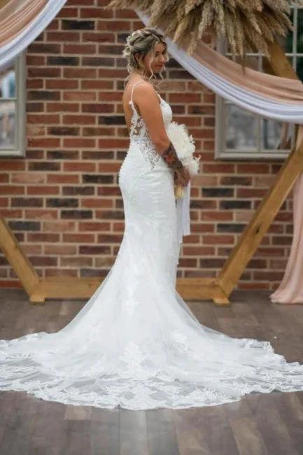 Vintage Column Tulle Lace Spaghetti Straps Sleeveless White Wedding Dress With Appliques Train (ZD15510)