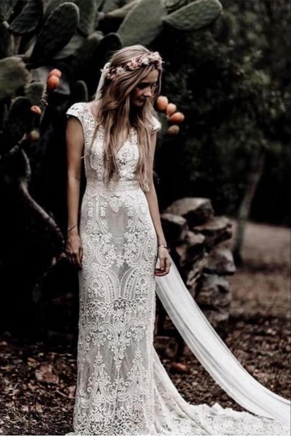 Vintage Lace Rustic Wedding Dresses Cap Sleeve Boho Wedding Gowns (ZD16248)
