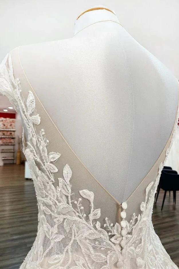 Vintage Long A-line Jewel Tulle Ruffles Wedding Dress with Lace Appliques (ZD15270)