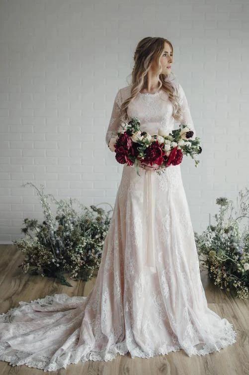 Vintage Long A Line Lace Wedding Dress with Sleeves (ZD15840)