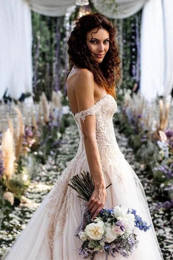 Vintage Long A-line Off-the-shoulder Lace Tulle Wedding Dress (ZD14359)