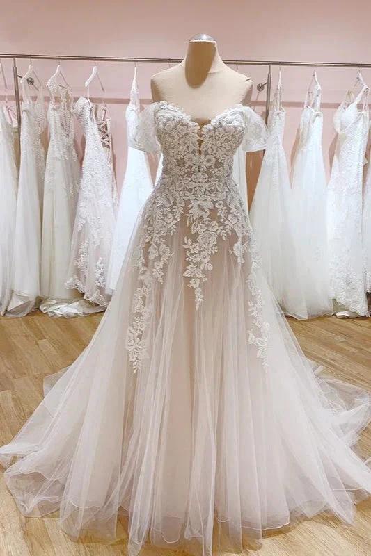 Vintage Long A-Line Off-the-Shoulder Sweetheart Backless Tulle Wedding Dress (ZD15236)