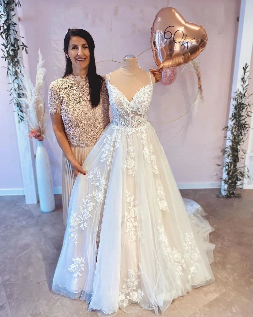Vintage Long A-Line Spaghetti Straps Appliques Lace Wedding Dress With Train (ZD14316) - View 2 | VelvetHem