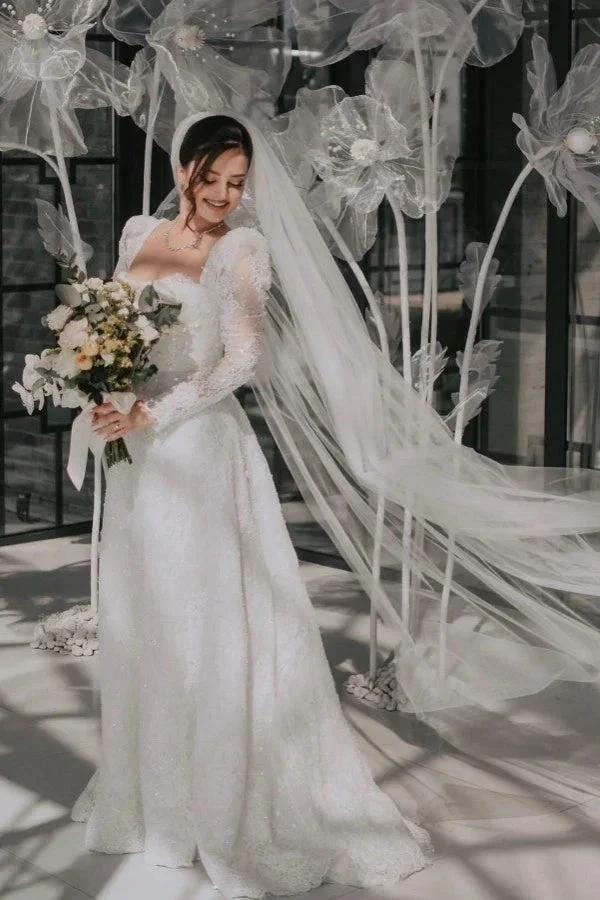 Vintage Long A-line Square Neck Lace Wedding Dress with Long Sleeves (ZD15507)