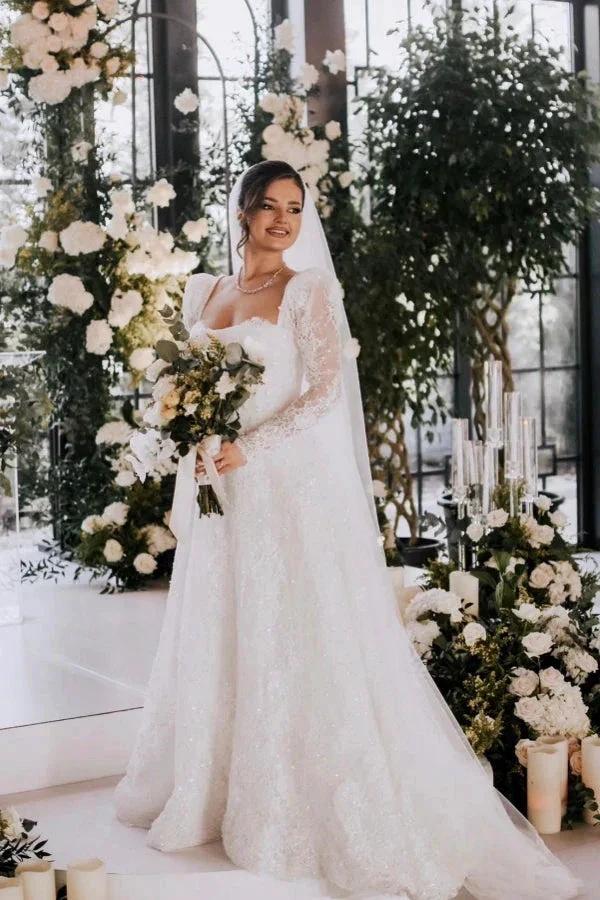 Vintage Long A-line Square Neck Lace Wedding Dress with Long Sleeves (ZD15507)