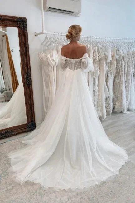 Vintage Long A-line Tulle Split Wedding Dresses With Long Sleeves (ZD14901)