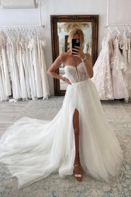 Vintage Long A-line Tulle Split Wedding Dresses With Long Sleeves (ZD14901)