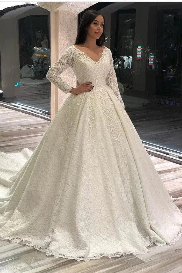 Vintage Long A-line V-neck Appliques Lace Wedding Dress with Sleeves (ZD15103)