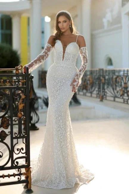 Vintage Long Ivory Mermaid Spaghetti Straps V-neck Lace Wedding Dress with Detachable Train (ZD16663) - View 2 | VelvetHem