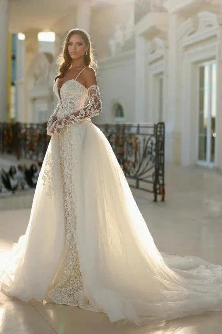 Vintage Long Ivory Mermaid Spaghetti Straps V-neck Lace Wedding Dress with Detachable Train (ZD16663) - View 4 | VelvetHem