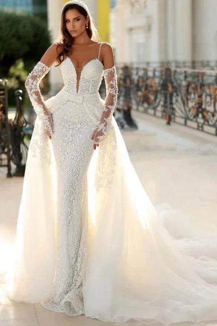 Vintage Long Ivory Mermaid Spaghetti Straps V-neck Lace Wedding Dress with Detachable Train (ZD16663) - VelvetHem
