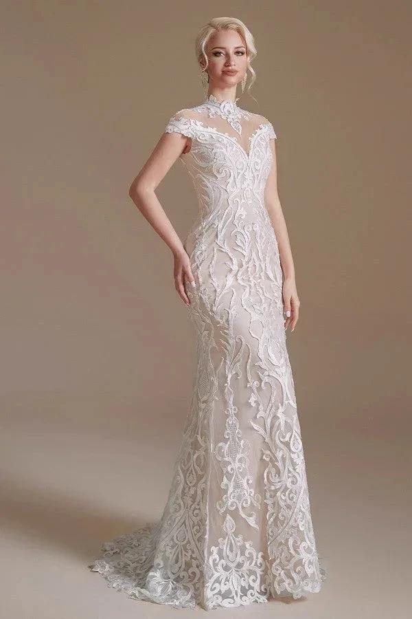 Vintage Long Mermaid High-neck Lace Wedding Dress with sleeves (ZD14345)