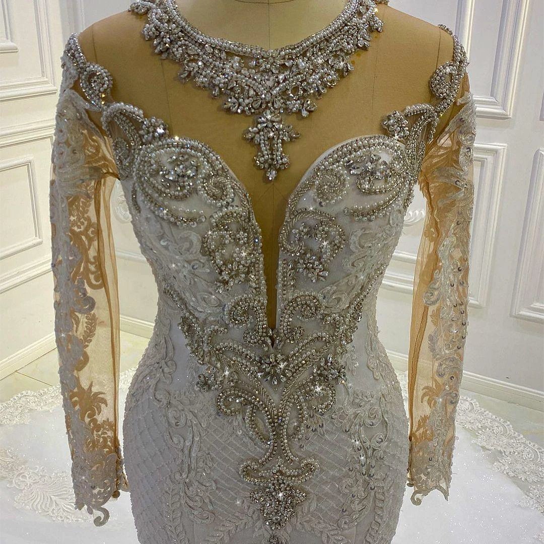 Vintage Long Sleeve Appliques Lace Beading Sequins Mermaid Wedding Dress (ZD15163)