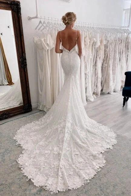 Vintage Long White V-neck Mermaid Lace Wedding Dresses (ZD14904)