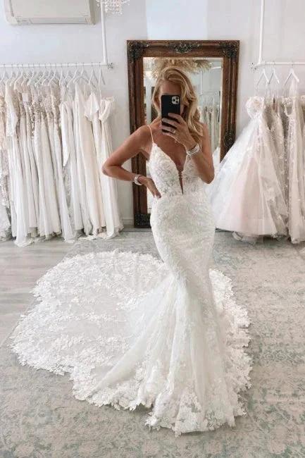 Vintage Long White V-neck Mermaid Lace Wedding Dresses (ZD14904)