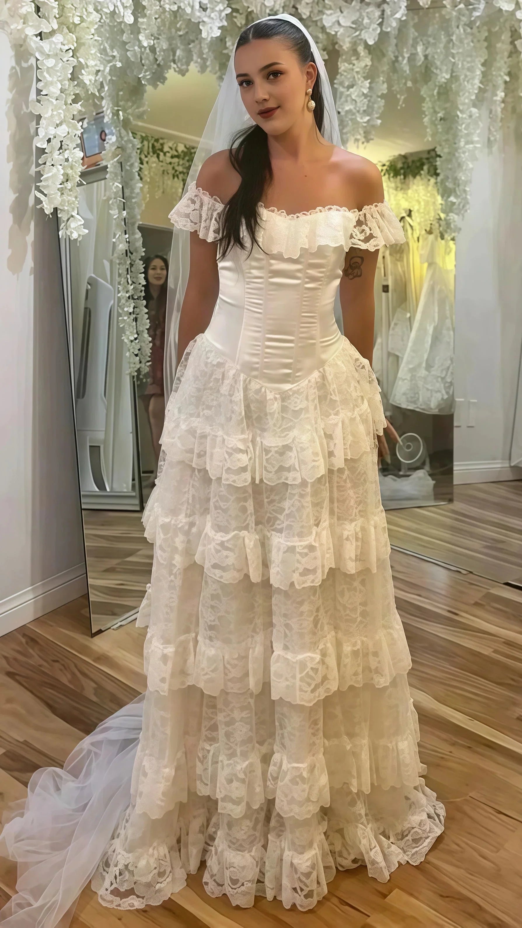 Vintage Off White Lace Wedding Dress, Ruffle Floor Length Bridal Dresses