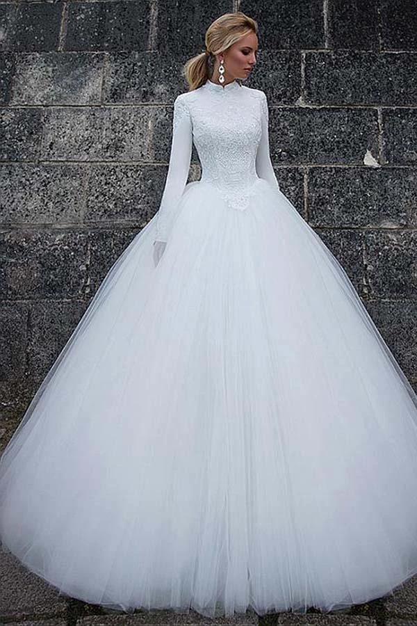 Vintage Satin High Collar Natural Waistline Ball Gown Wedding Dress (ZD16344)