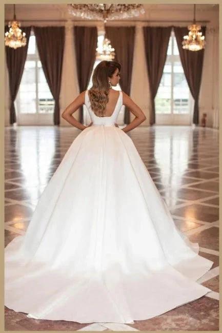 Vintage Simple Princess White Satin A-line Sleeveless Wedding Dresses (ZD14968)