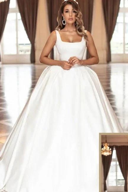 Vintage Simple Princess White Satin A-line Sleeveless Wedding Dresses (ZD14968)