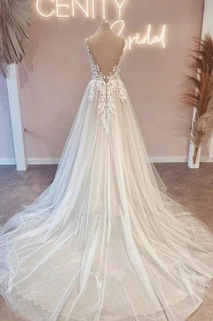 Vintage v-neck sleeveless a-line backless lace Wedding dresses (ZD14855)