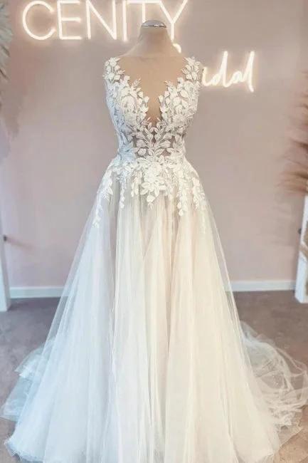 Vintage v-neck sleeveless a-line backless lace Wedding dresses (ZD14855)