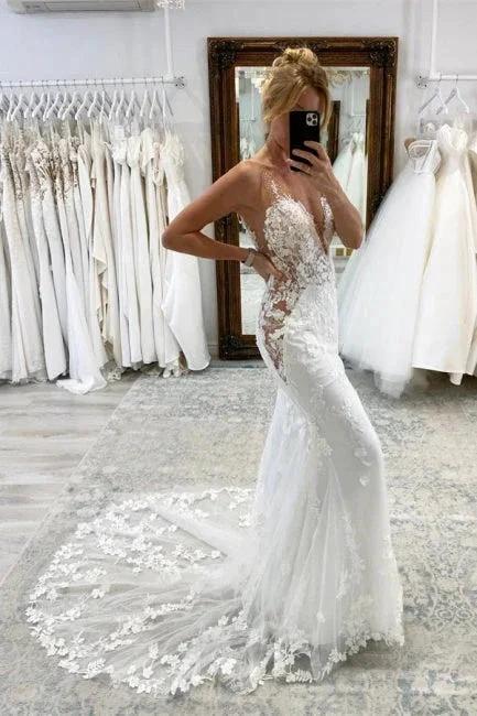 Vintage White Long Mermaid V-neck Lace Wedding Dresses (ZD14961)