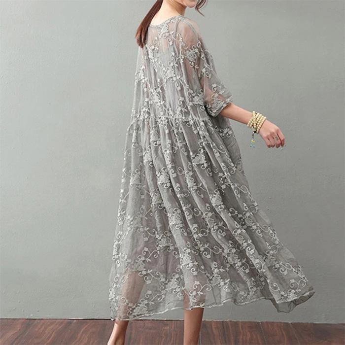 Vintage Gray Maxi Dress Trendy Plus Size Lace Gown Bracelet Sleeve