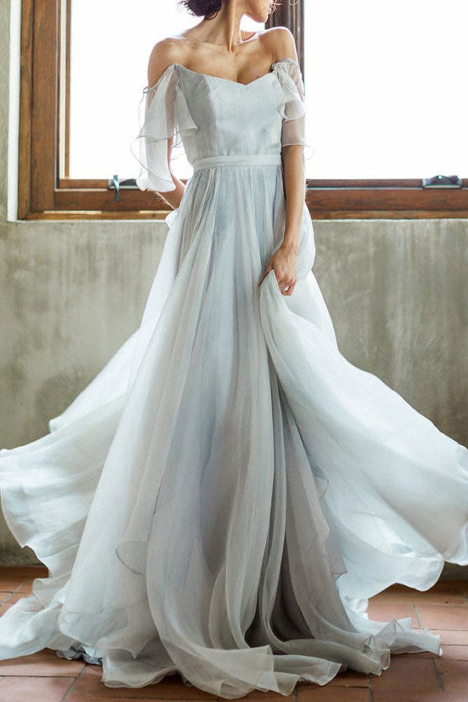 Wedding Dress A-Line Off-the-Shoulder Sleeveless Pleated Court Train Chiffon Boho Bridal Gowns
