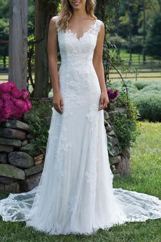Wedding Dress Lace Chic V-Neck Sleeveless Column Long Bridal Gown With Court Train