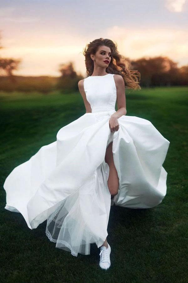 Wedding Dresses Scoop  A-line Long Train Simple Satin Bridal Gown (ZD15313)