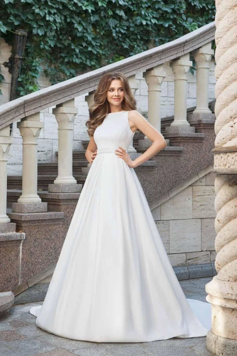 Wedding Dresses Scoop  A-line Long Train Simple Satin Bridal Gown (ZD15313)
